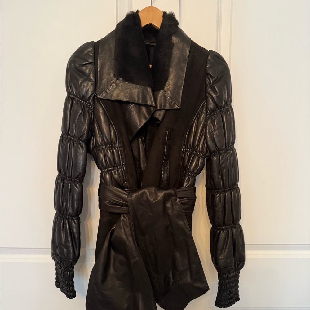 Acasta Luxe Leather & Shearling Panel Belted Jacket – Size IT 44